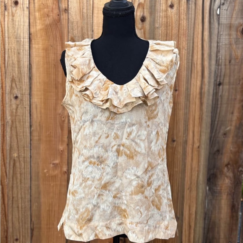 Sleeveless Ruffle Neck Tank Top in Cream and Tan Size 6